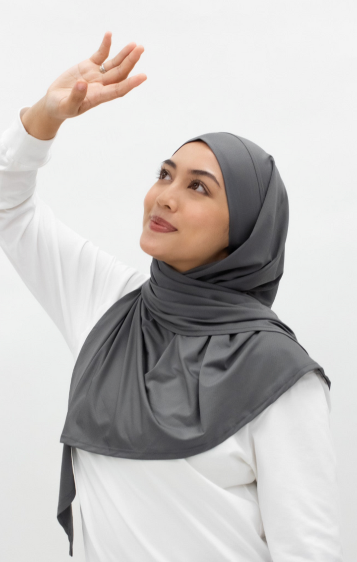 ModestGymWear Smoke Grey sport hijab verstelbare koordjes